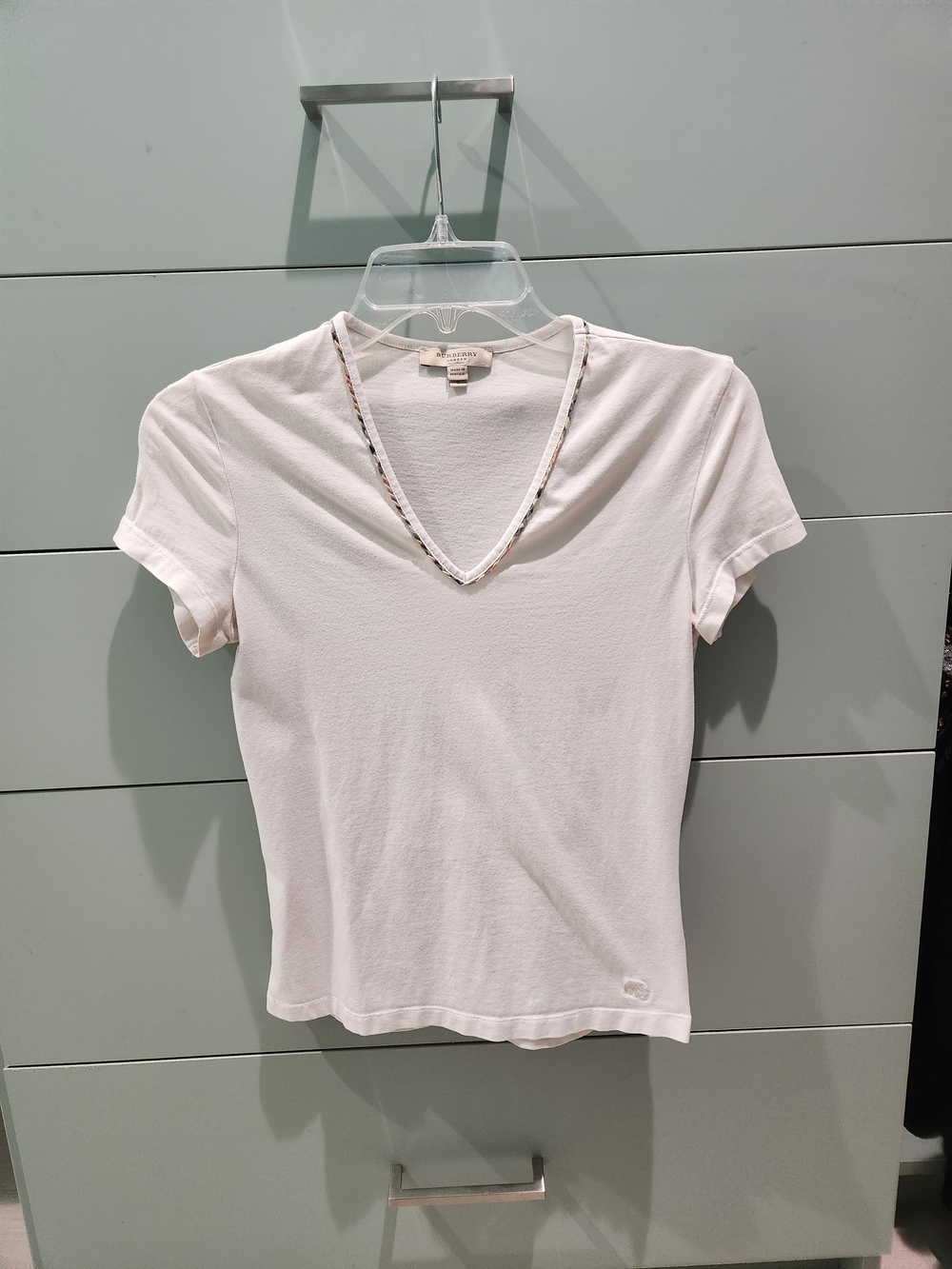 Burberry Vintage White Short Sleeve V-Neck Tee with Signature Burberry Trim